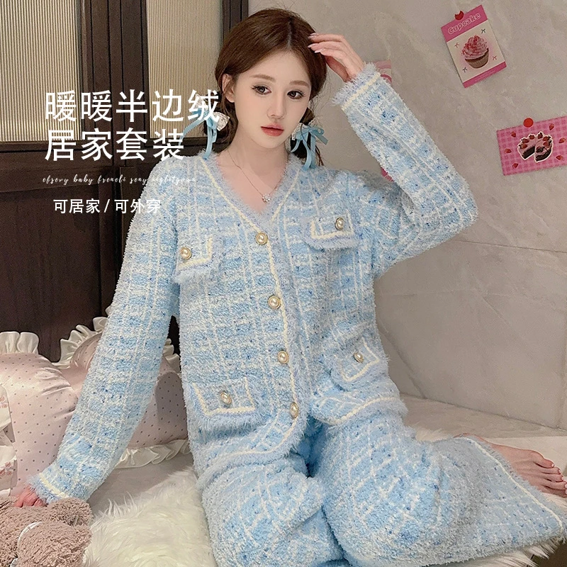 软绵绵保暖小香风外套+长裤两件套家居服套装睡衣套装6901-1
