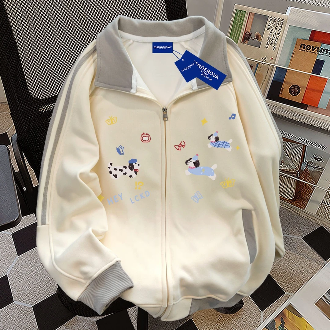 韩系气质趣味气质三条杠翻领拼接卫衣秋冬季男女加绒宽松显瘦外套