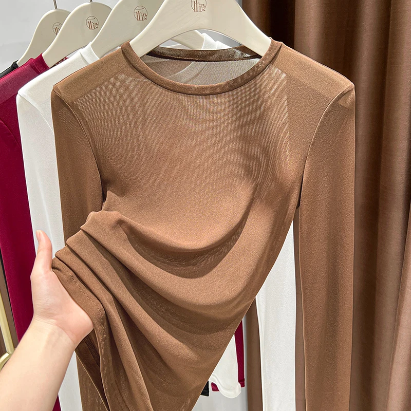 新款咖色高级感网纱打底衫女2025春秋季透视圆领长袖T恤修身上衣