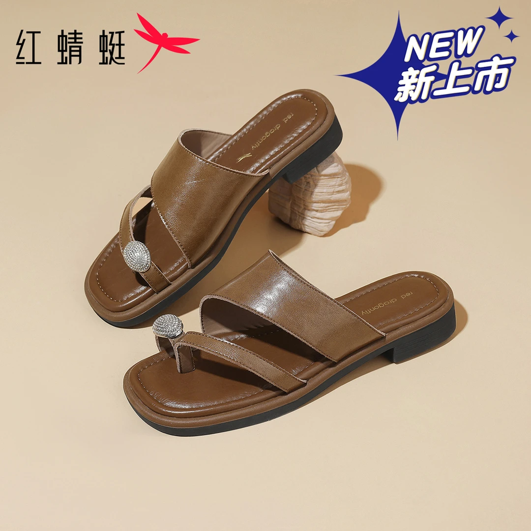 红蜻蜓一字拖鞋女2025秋新款外穿百搭平底休闲配裙子凉鞋夹趾凉拖