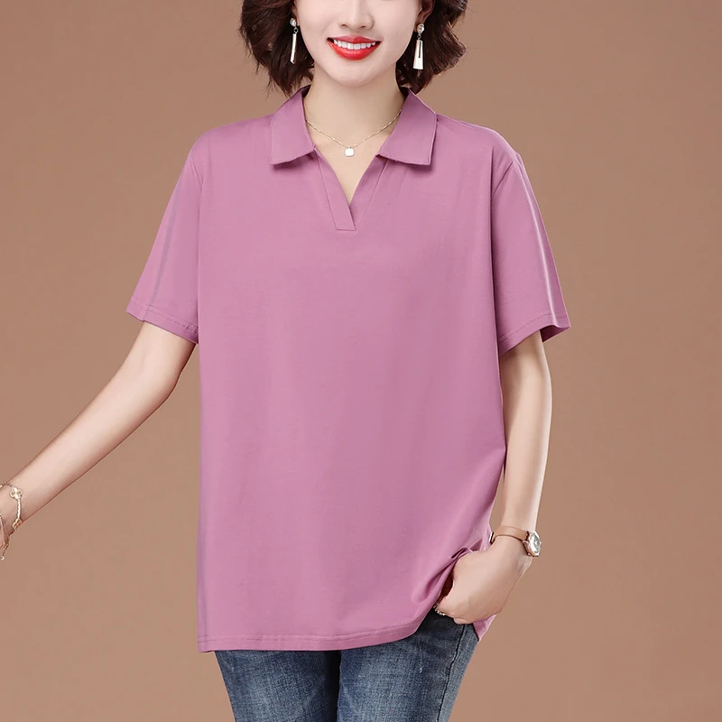宽松短袖T恤女中老年洋气纯色极简风翻领半袖胖mm遮肚子POLO衫女