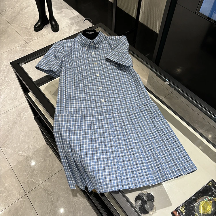 25年春装新款女装 时尚气质经典格子显瘦蓝色衬衫裙-25Y1014