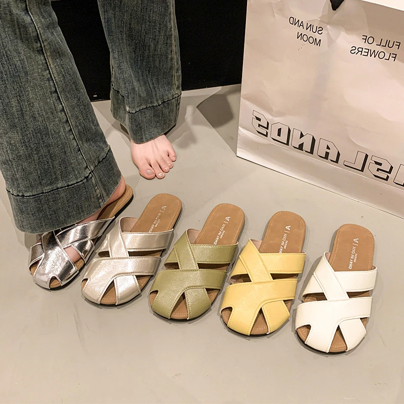 2025夏季新款复古包头半拖鞋露趾外穿透气一字拖明星同款百搭鞋子