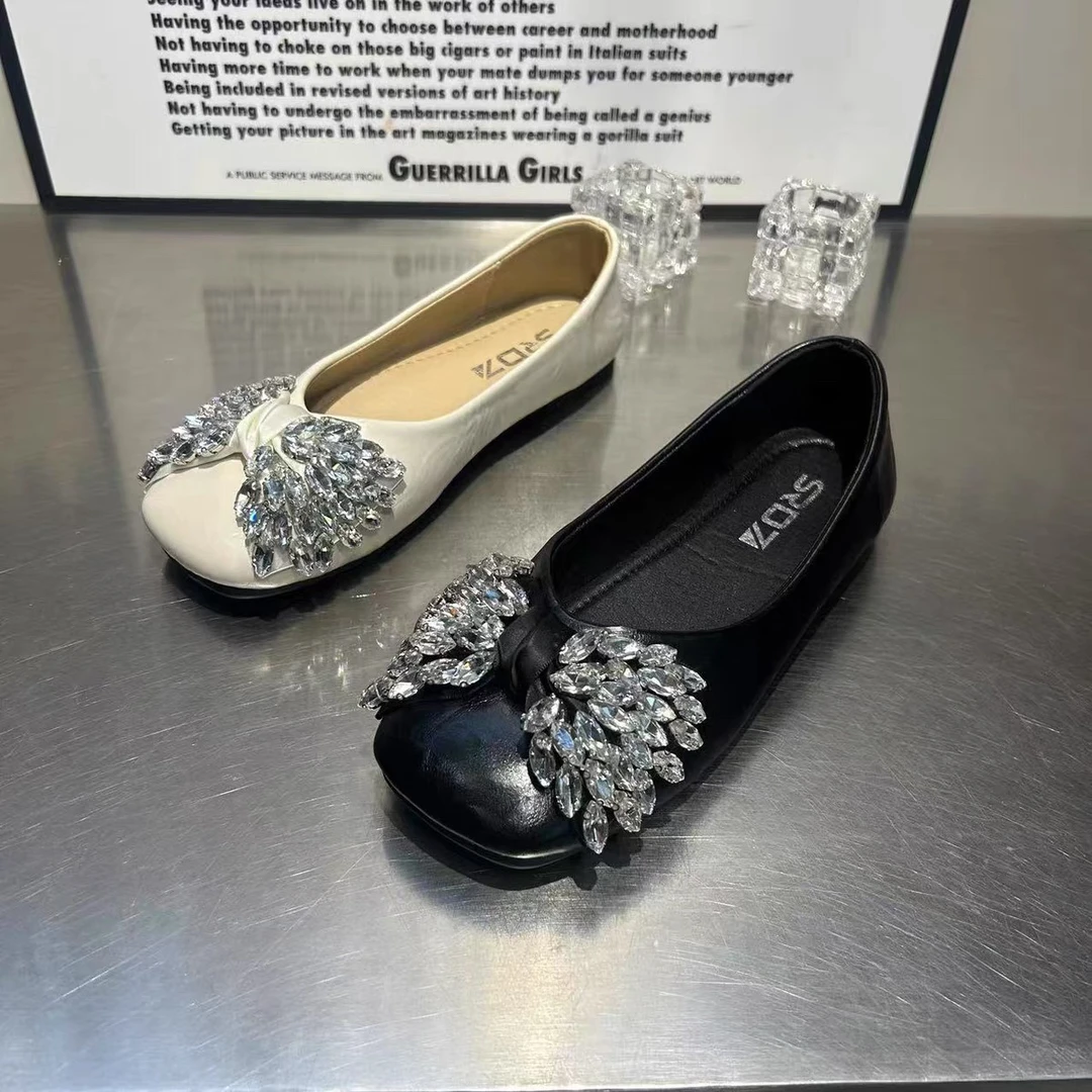 2025新款988-36光皮水钻蝴蝶结方头浅口瓢鞋女潮流百搭软底瓢鞋