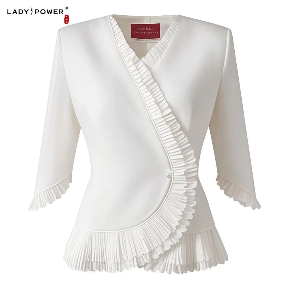 LADYPOWER白色显瘦镭射花边领上衣 60261A