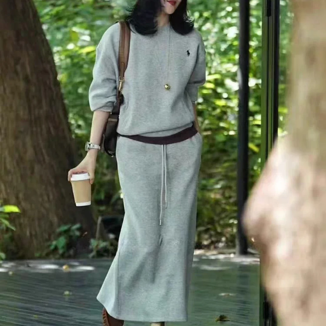 2025秋季新款时尚圆领百搭卫衣系带松紧腰开叉半裙套装