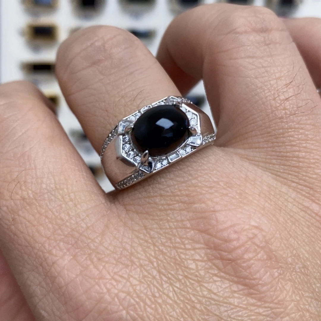 翡翠银S925镶嵌戒指墨翠戒指