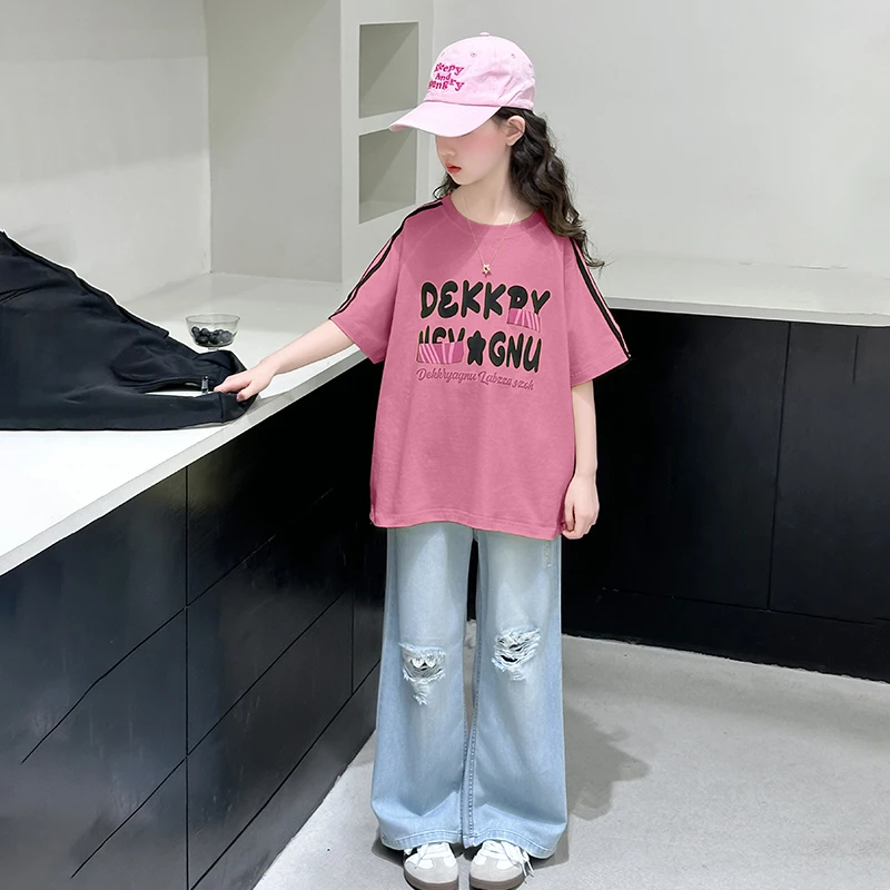 女童夏季短袖套装儿童运动洋气时尚休闲宽松中大童印花儿童运动