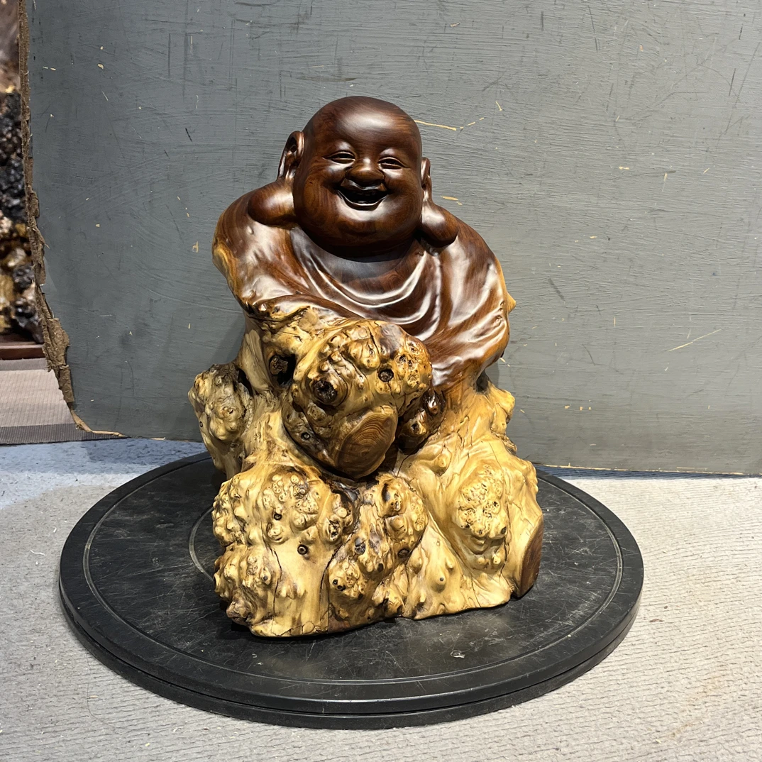 胡杨木弥勒手工随形根雕摆件