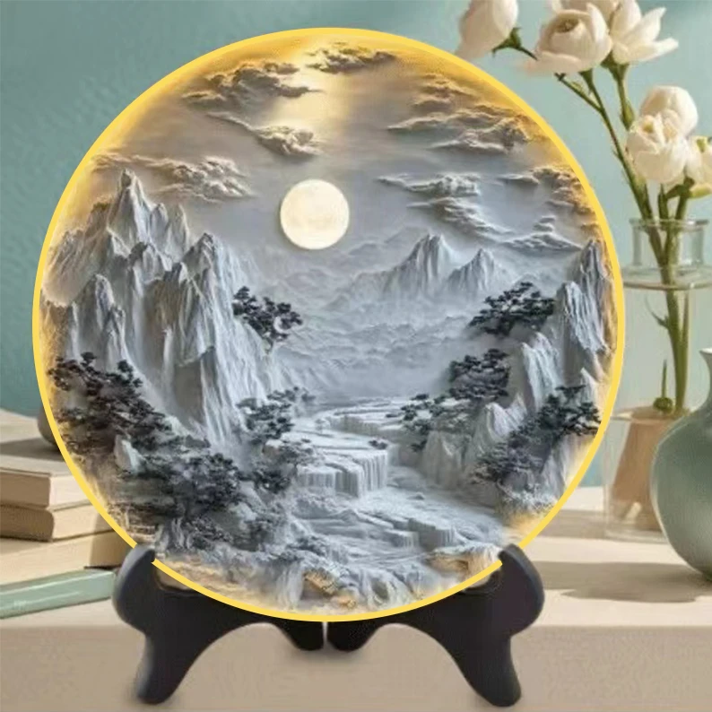 Q07新中式日出山水仿浮雕画千里江山圆盘摆台客厅书房装饰摆件
