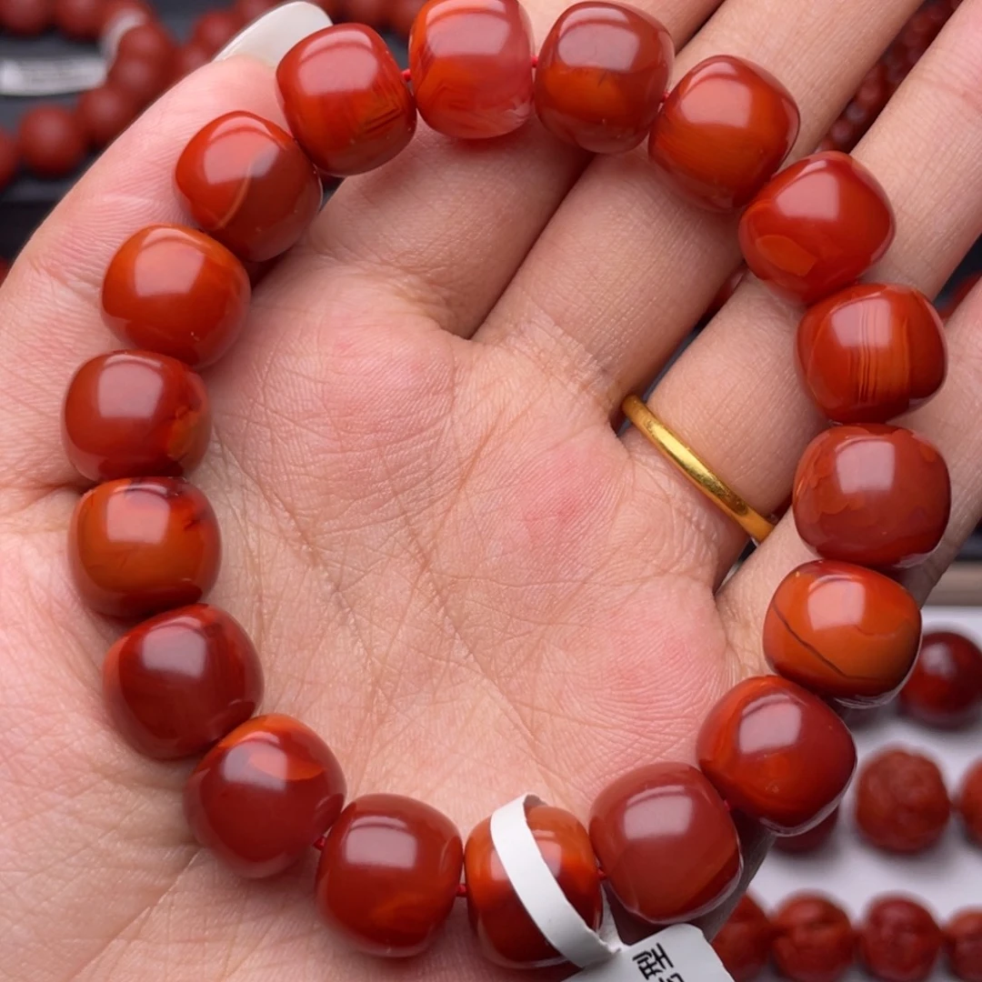 南红玛瑙未镶嵌手串Y12.6mm收藏柿子牛血双色老型手串