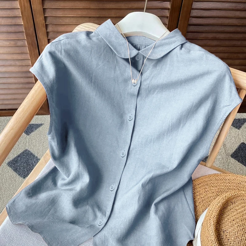 田园风洋气短袖夏季宽松休闲娃娃领小飞袖棉麻衬衫大码女亚麻衬衣