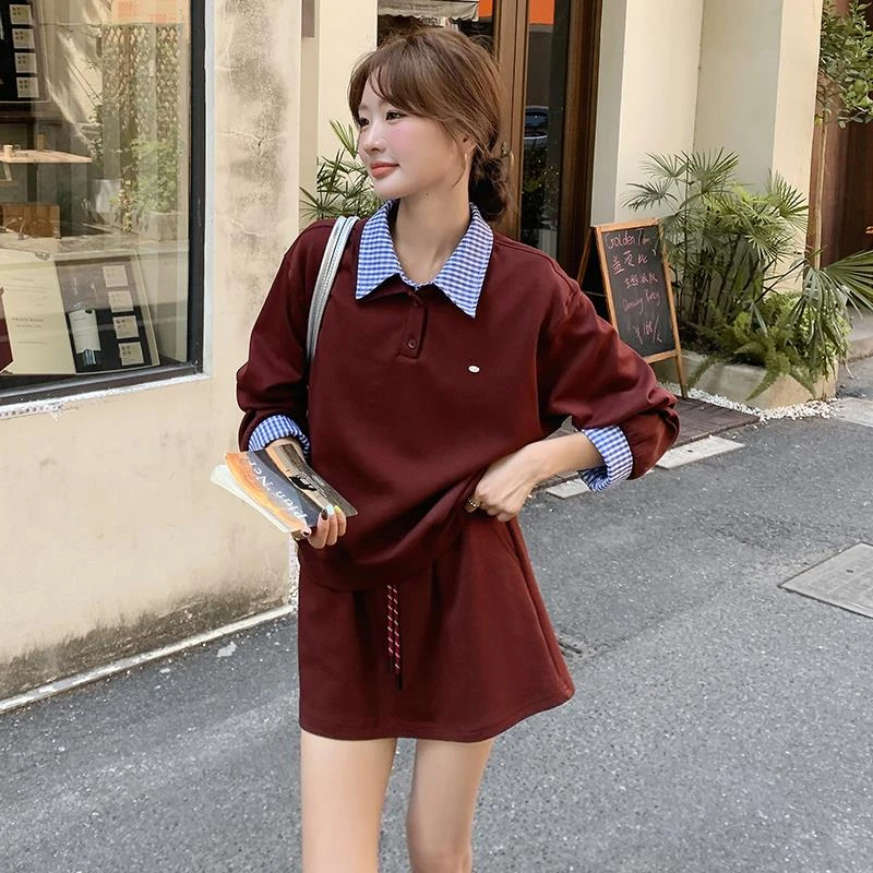 安可拉红设计感卫衣套装女春秋新款时尚学院风休闲半身裙两件套潮