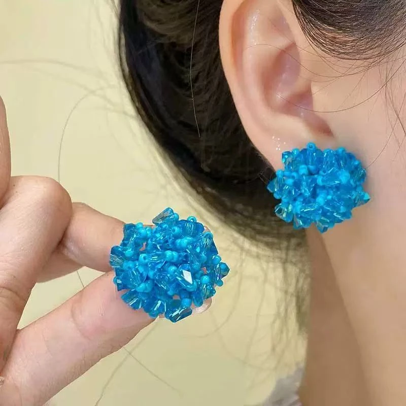 显白蓝色清凉编织耳钉重工手工设计感简约耳饰高级小众度假耳环女