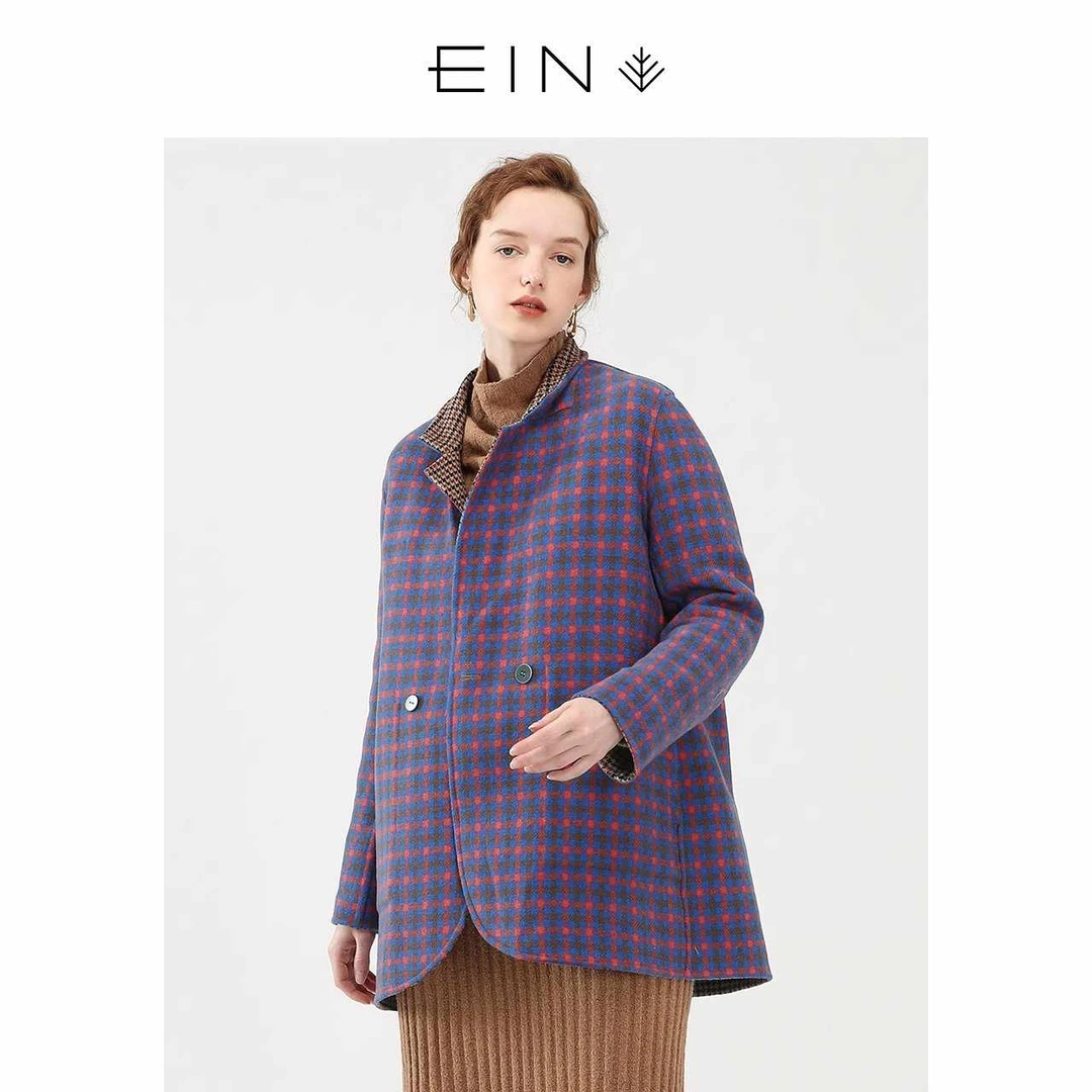 EIN/言【英伦学院风】文艺复古格子绵羊毛双面穿毛呢外套秋冬款