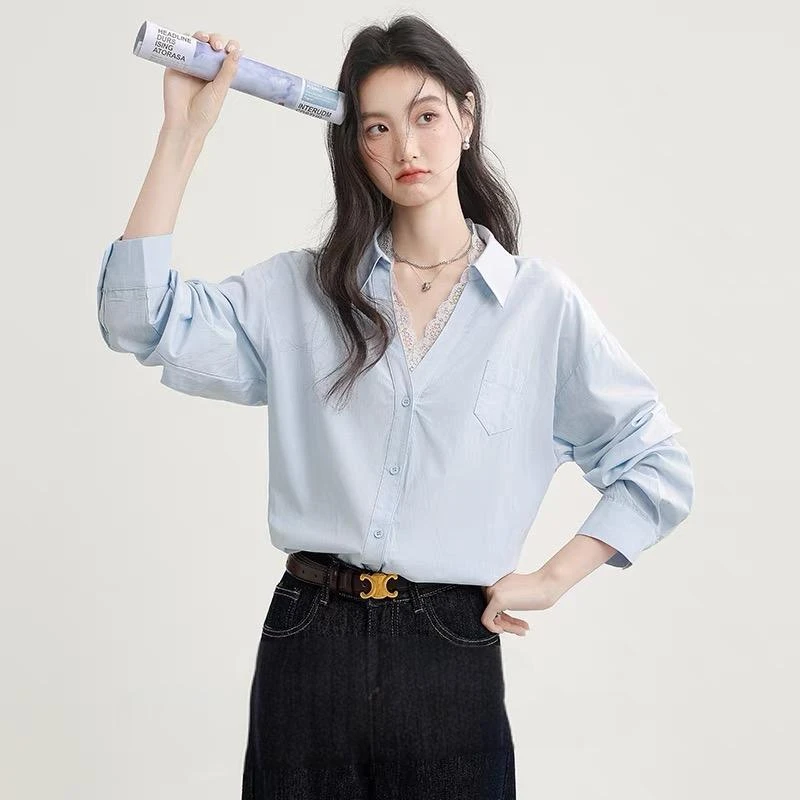 POLO蕾丝V领春季质感提花V领衬衫韩版时尚上衣女装衬衫白色气质