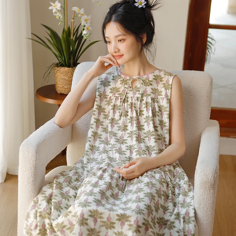 春夏纯棉女士睡裙无袖宽松圆领双层棉纱可外穿韩版长裙