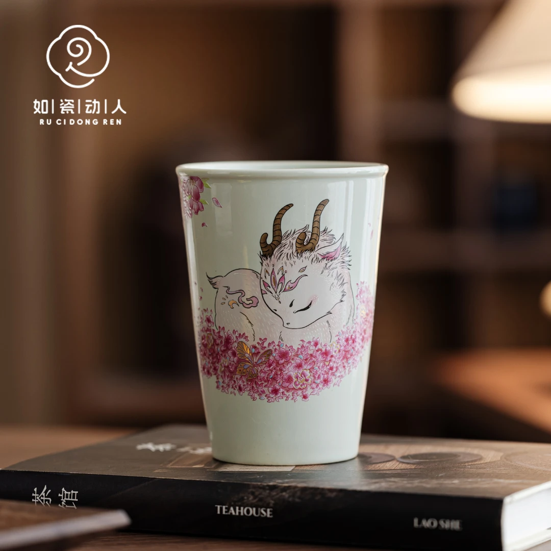 如瓷动人草木灰茶杯家用陶瓷功夫茶具中式小清新单个大容量可乐杯