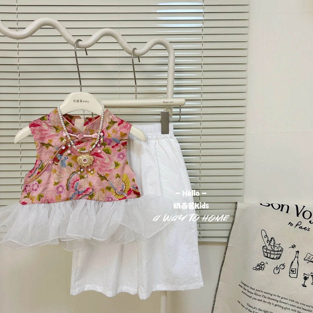女童夏季2025新款时髦女宝宝新中式国风上衣阔腿裤周岁两件套