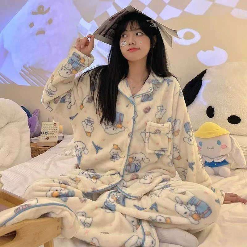 可爱卡通玉桂狗睡衣女秋冬款珊瑚绒加厚加绒法兰绒家居服套装冬天