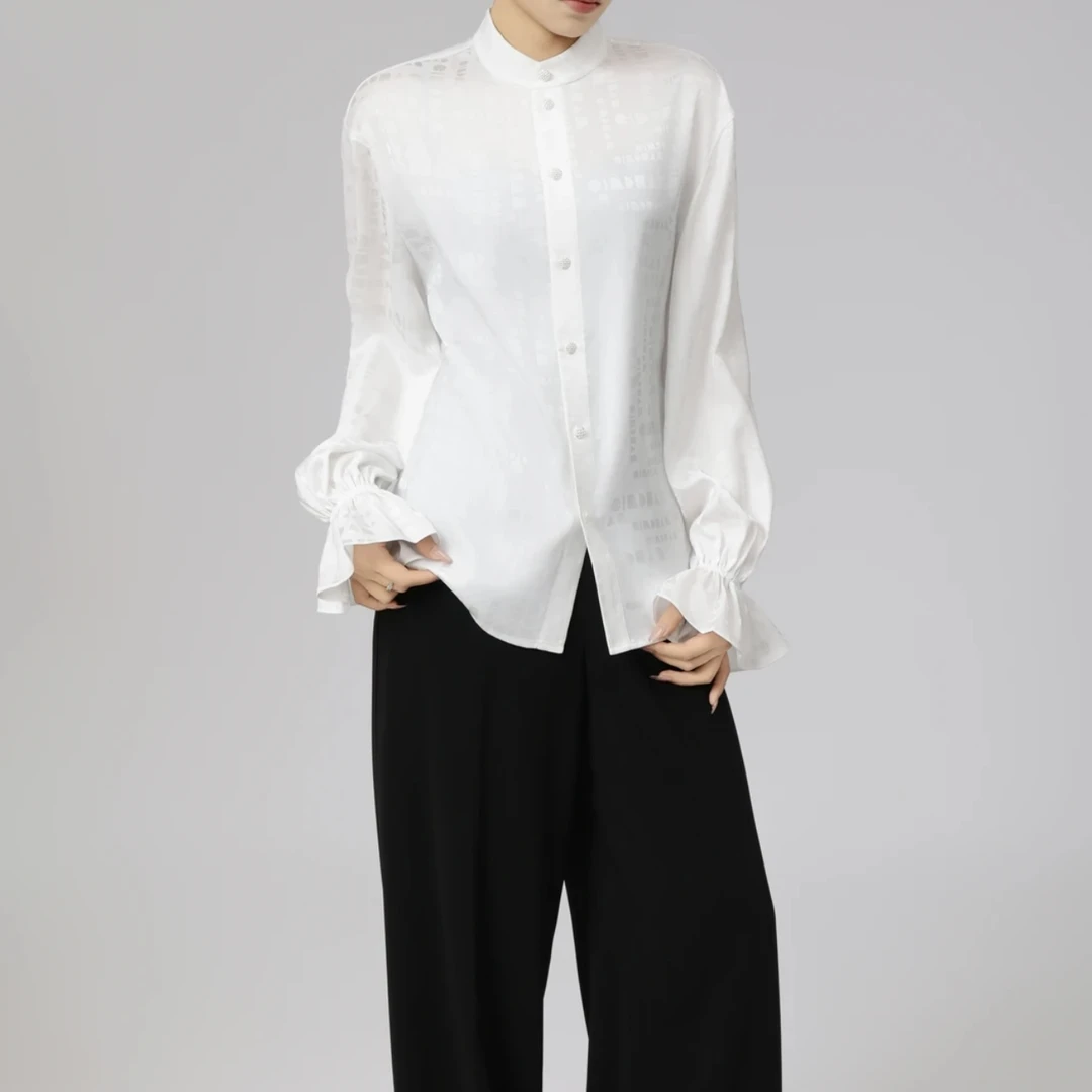 【商场同款】早春新款中式提花工艺立领优雅长袖衬衫女130009