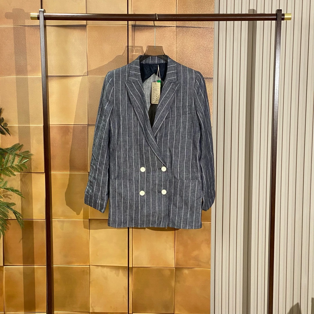 99新 MaxMara 灰色条纹亚麻双排扣西装外套/42码/99新/26952