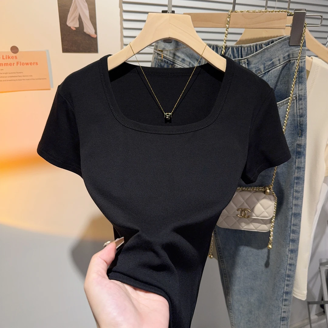 螺纹法式方领正肩T恤短袖女夏季小个子黑色修身显瘦锁骨冰丝上衣
