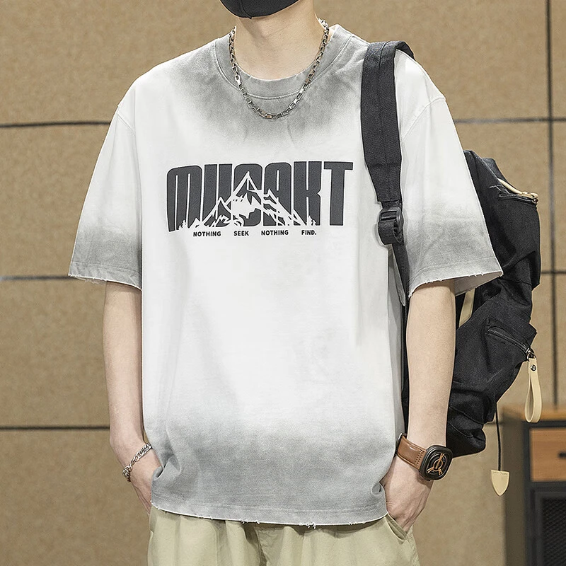 美式重磅短袖t恤男夏季新款渐变水洗纯棉圆领宽松半袖体恤潮