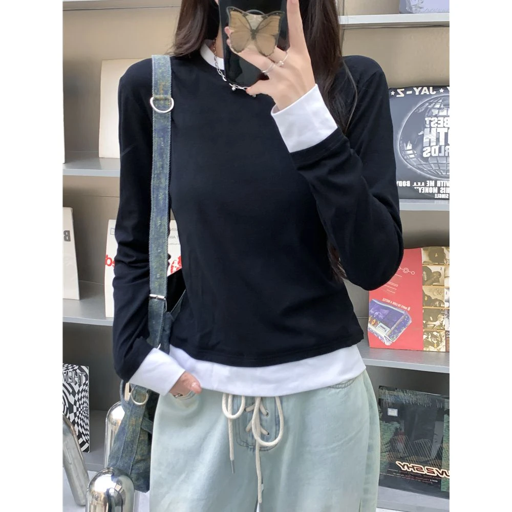 2025年春秋季薄款长袖t恤女韩系假两件设计休闲百搭圆领新款上衣