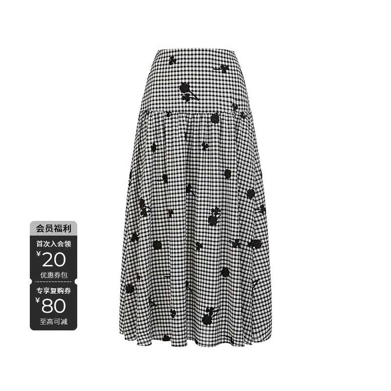 S·DEER圣迪奥女装夏季显瘦高腰棋盘格千鸟格半身裙长裙S252Z1119