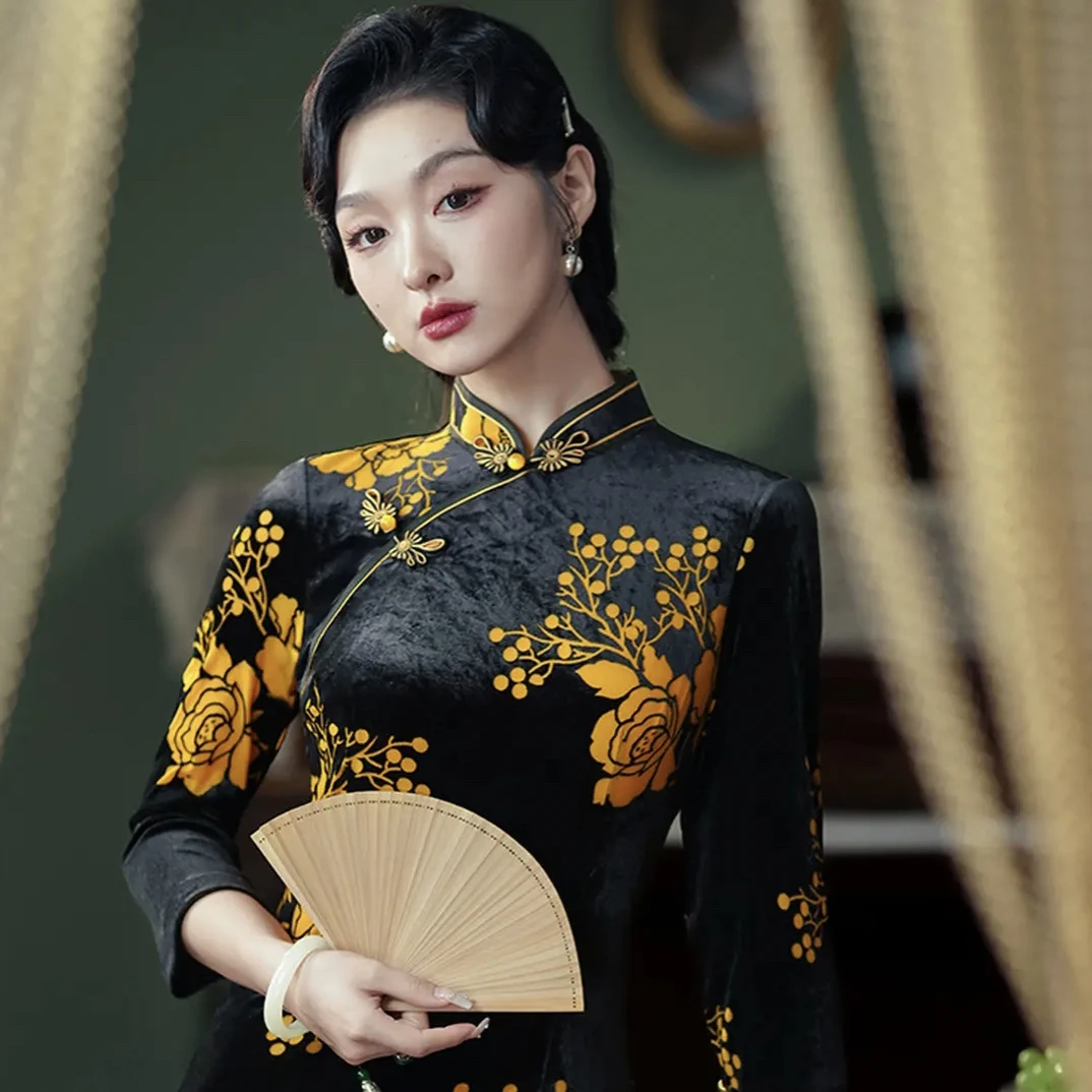 【心懂旗袍--锦瑟年年】25年新款长袖春秋款大花日常显瘦修身旗袍