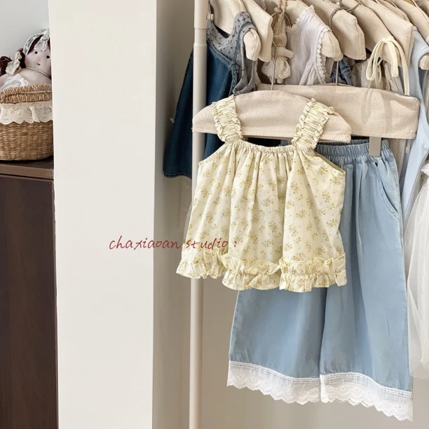 小茶*2025韩国专柜订单款顶配娃娃衫凉感牛仔直筒阔腿裤组合套装