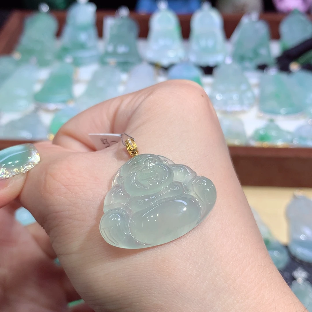 翡翠18K金镶嵌吊坠(不含链)天然缅甸A货翡翠揭阳工佛公