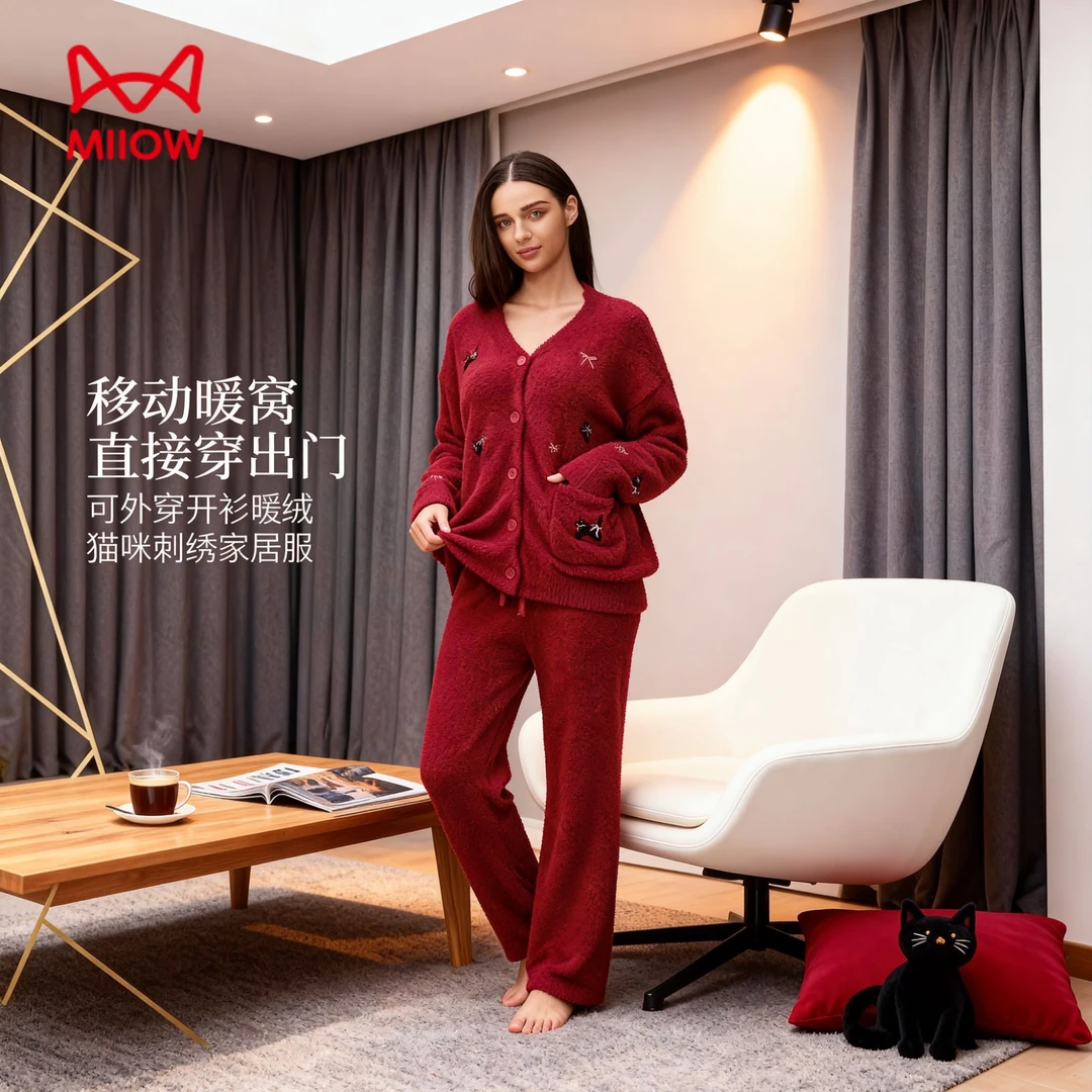 猫人冬季新款本命年红色睡衣女可外穿半边绒家居服珊瑚绒加厚睡衣