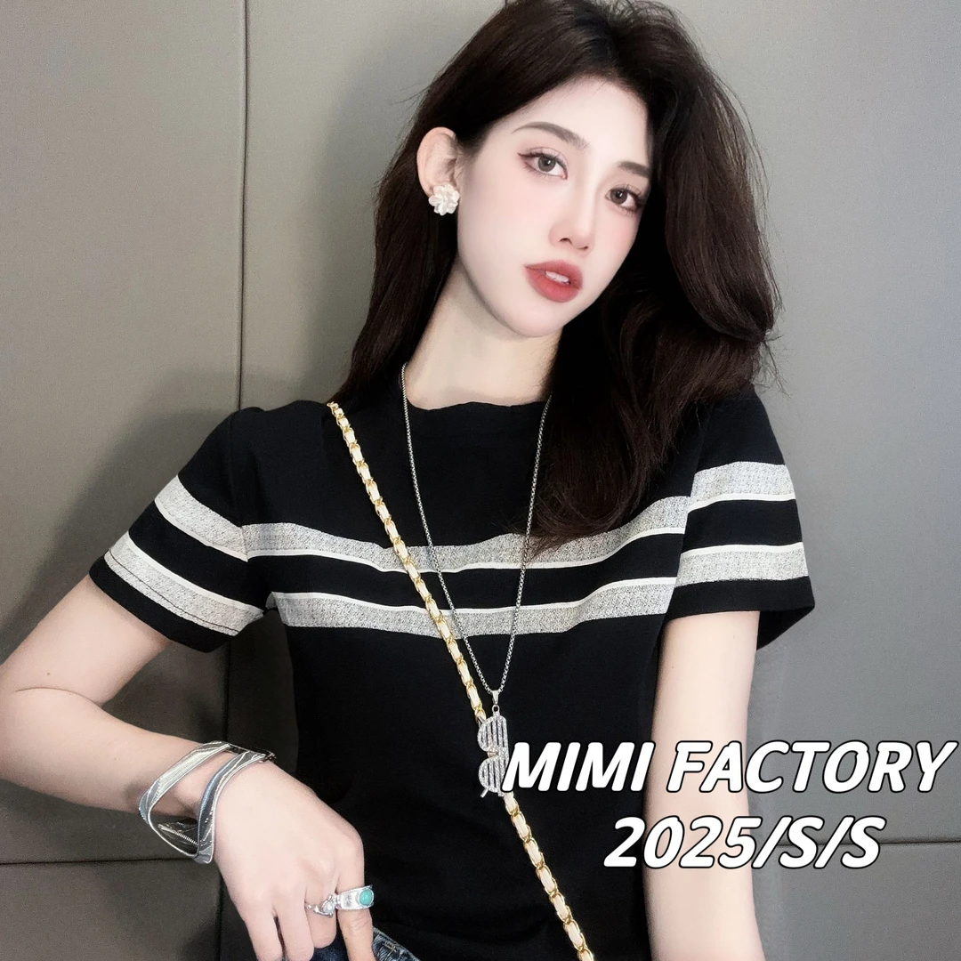 夏季2025新款 欧货复古条纹满印短袖T恤女时尚修身显瘦印花上衣潮