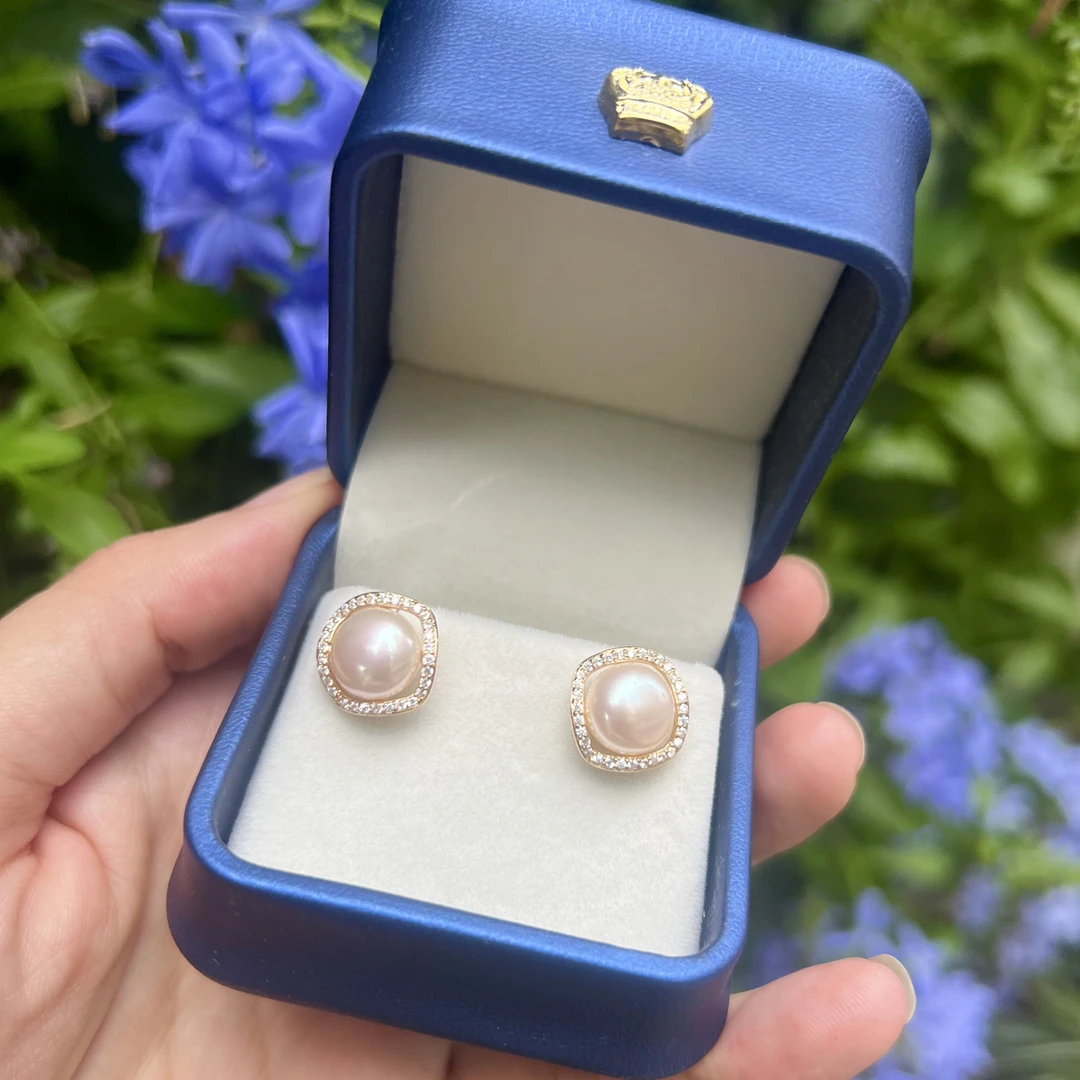 福利款S925银水波纹耳钉 9-10mm强光淡水珍珠耳环轻奢高级气质