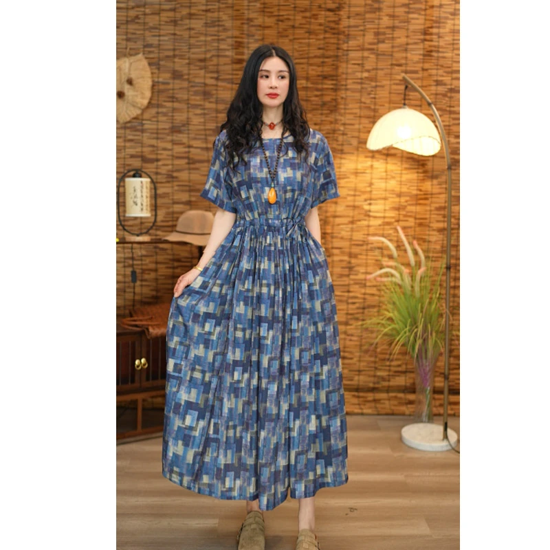 夏季新款高档长款印花宽松收腰显瘦大摆裙连衣裙长裙020