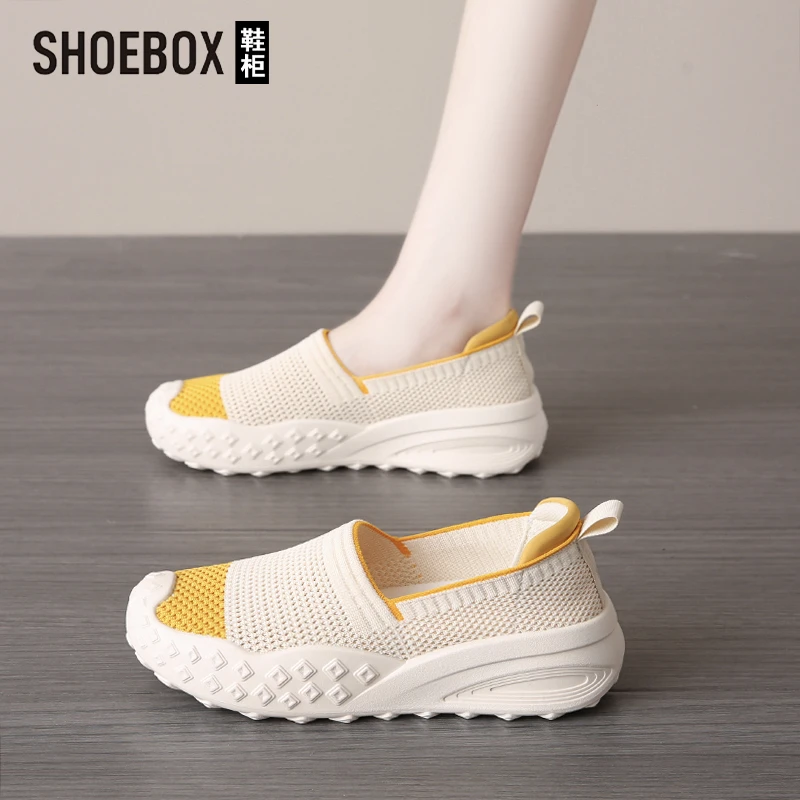 SHOEBOX鞋柜2025秋新款渔夫鞋女鞋子透气飞织网面一脚蹬休闲鞋