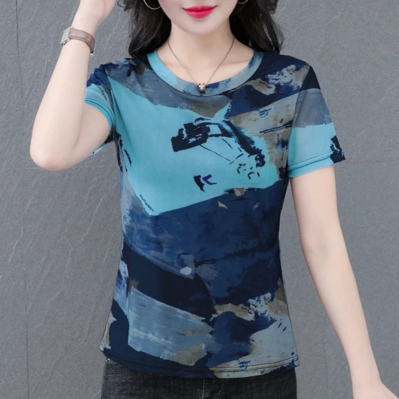 蓝色水墨画印花短袖T恤女2025夏季新款网纱薄款百搭修身显瘦上衣