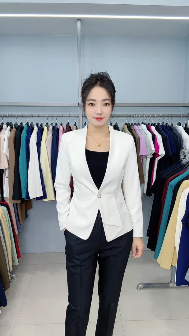688白色V领一粒扣女长袖短款常规款西装小西装秋季礼服上衣西服
