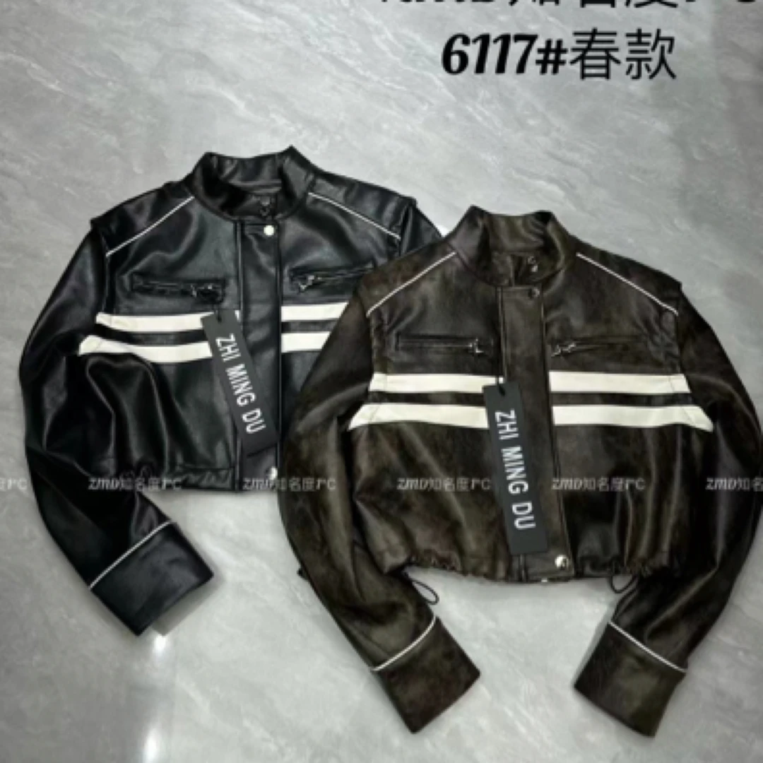 【C度笑笑力推】6117新品时尚小众买手设计拼接荔枝纹短款皮衣外套