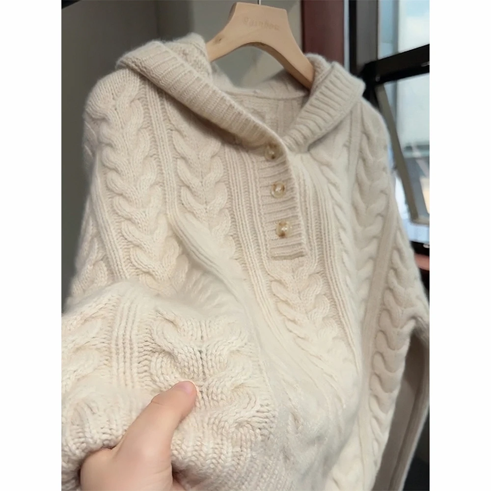 白色连帽毛衣女士秋冬慵懒高级感洋气减龄宽松显瘦内搭针织衫上衣