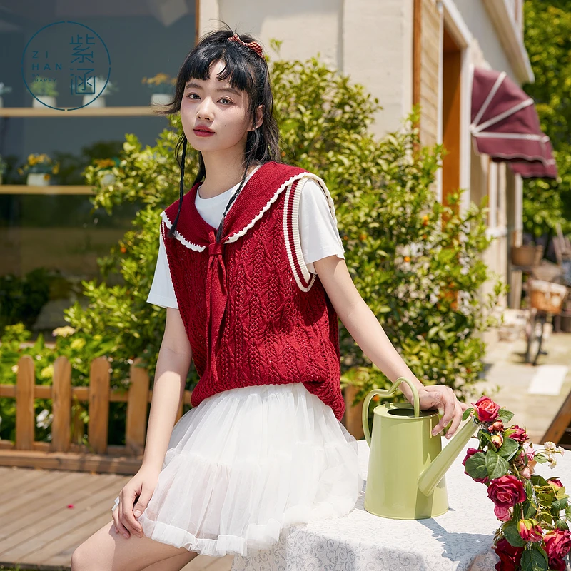 紫涵海军领针织背心秋季叠穿套头无袖毛衣Z4Z06AS199