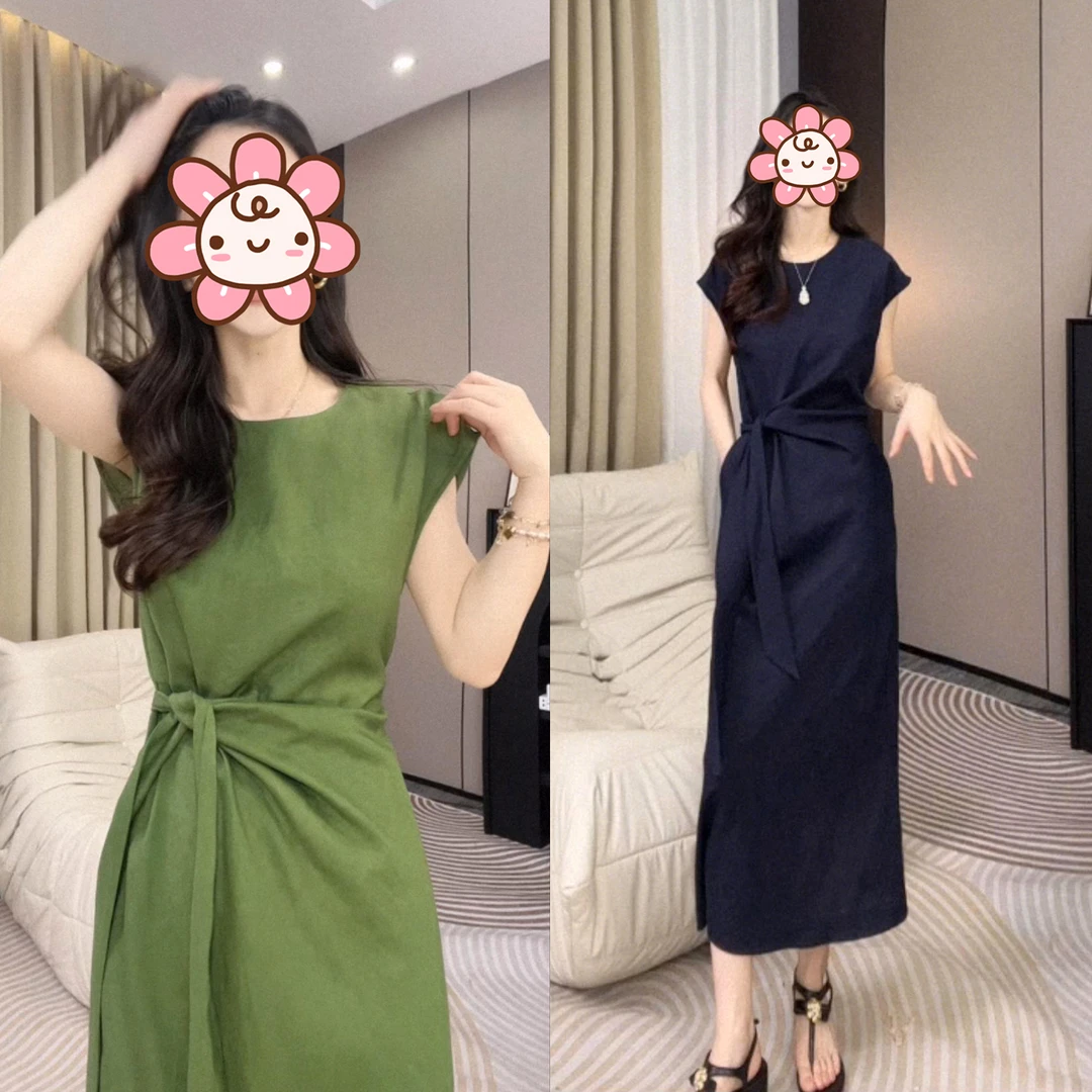 气质老钱风亚麻系带连衣裙女2025夏季新款洋气收腰显瘦中长款裙子