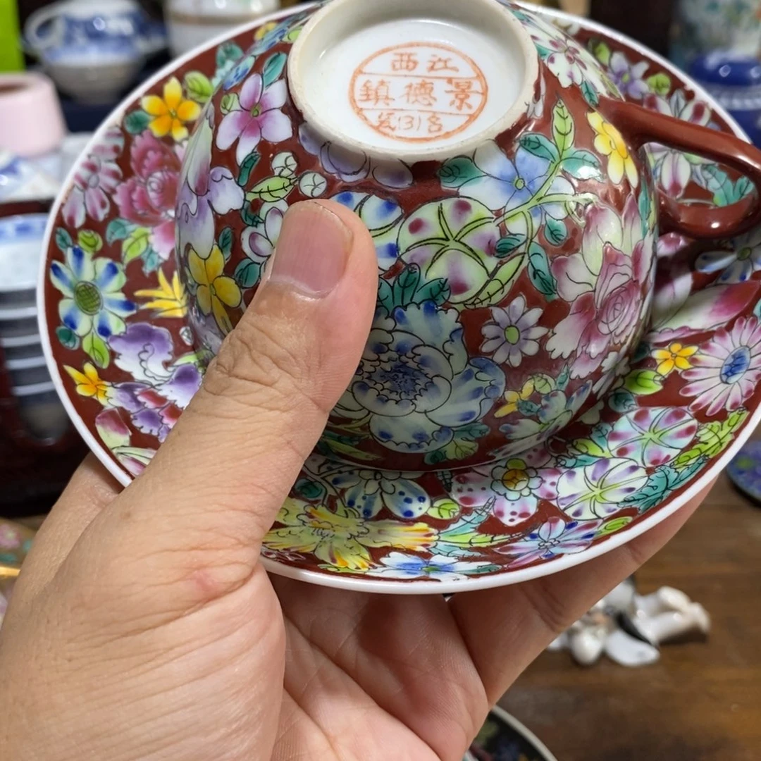 难***涂摆件早期百花杯碟一套