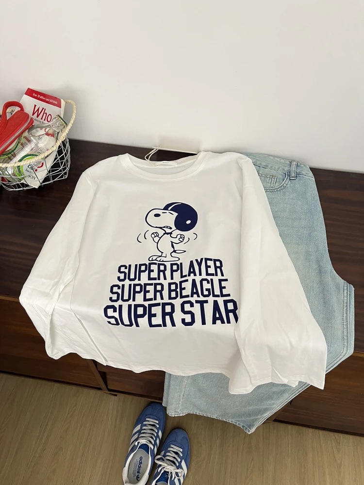 正肩款长袖2025秋季新款史努比卡通印花宽松圆领女纯棉百搭显瘦