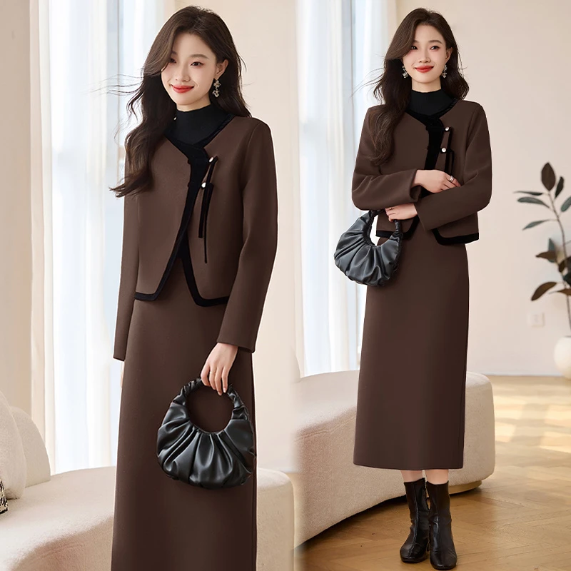 小香风夹棉毛呢外套半身裙两件套装女秋冬2025高级感风小洋装
