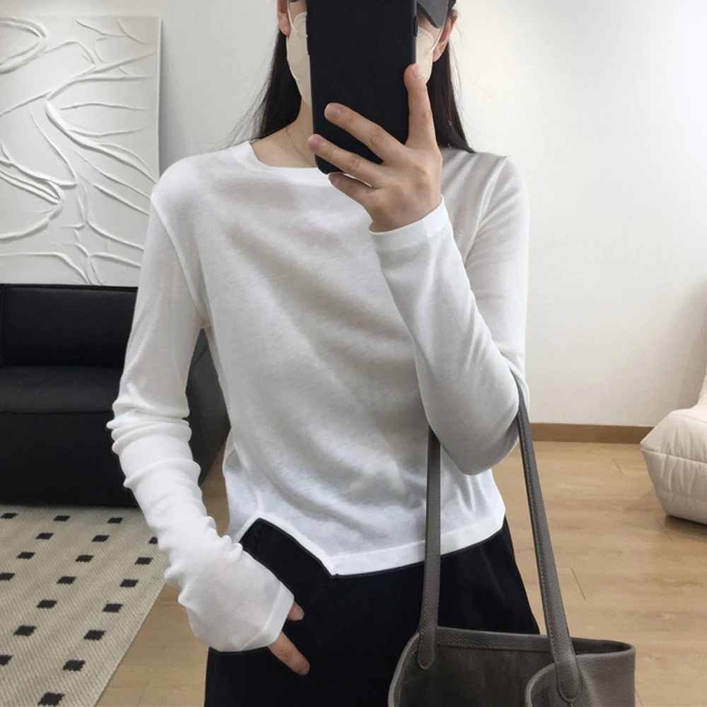 白色设计感开叉套头短款T恤2025早秋上衣女新款圆领长袖时尚洋气