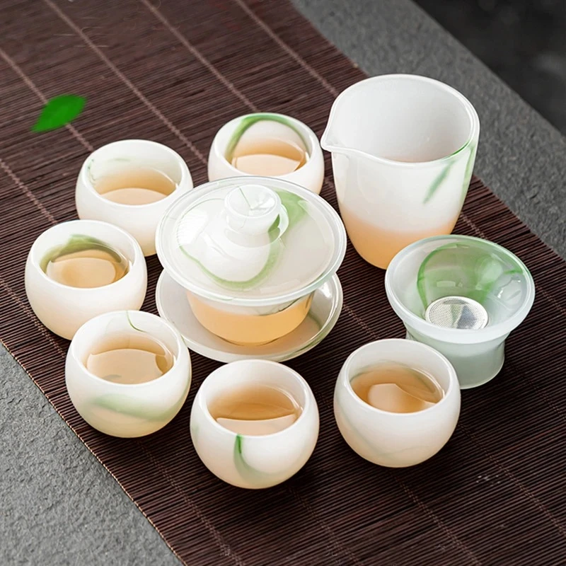琉璃功夫茶具套装简约创意家用办公玉瓷盖碗茶杯带过滤整套泡茶器