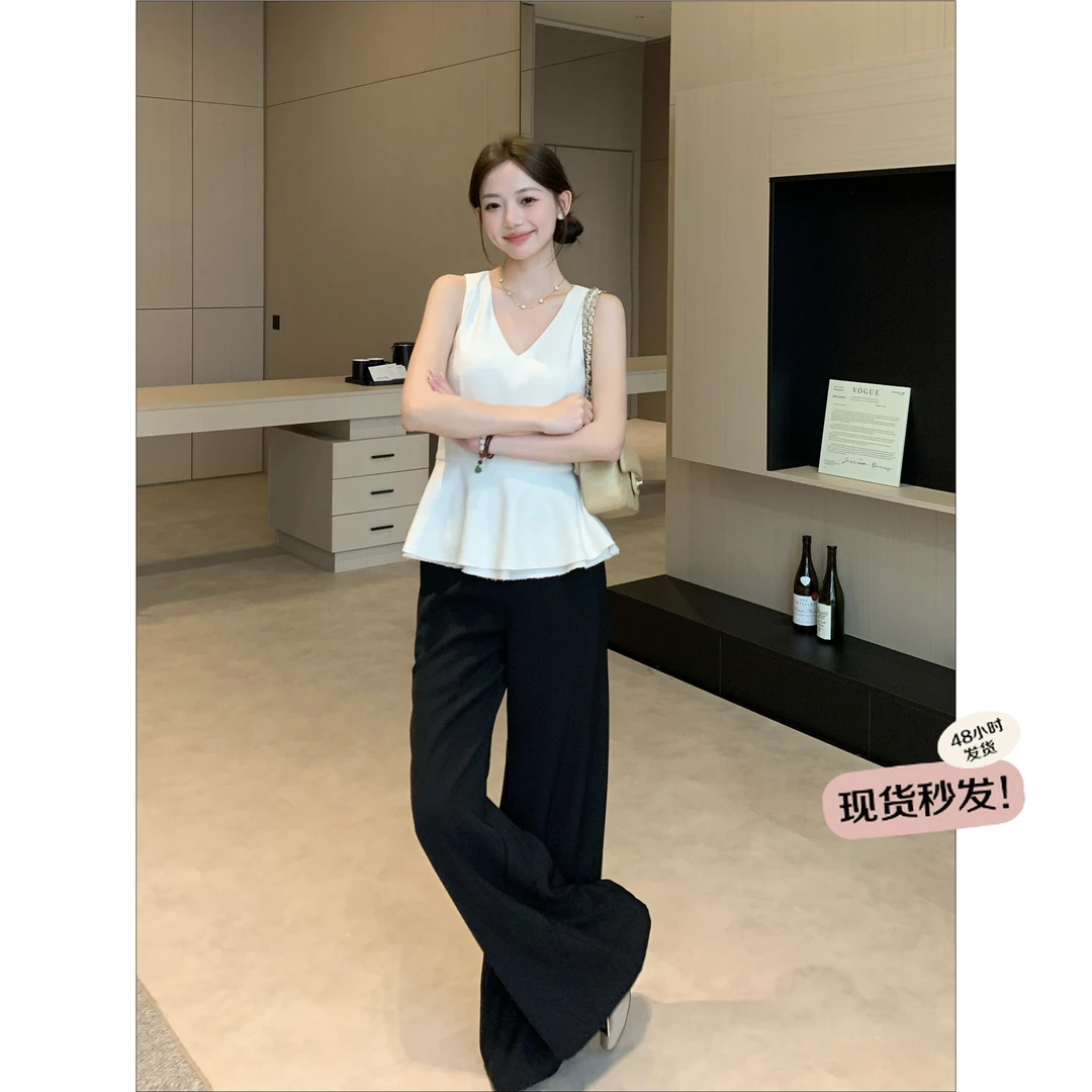 万万不熬夜【大溪地珍珠】欧若风洋气高级感无袖荷叶边修身高腰上衣